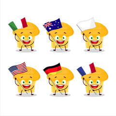 Cheese muffin cartoon character bring the flags of various countries
