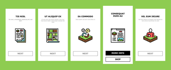 Land Property Business Onboarding Mobile App Page Screen Vector. Land Rent And Sale, Residential Apartment And Estate, Public And Recreational Zone Illustrations