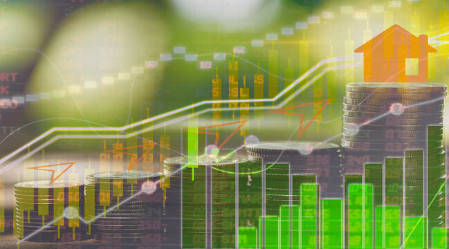 Coin and chart showing the investment idea and profitability statistically increased from the last quarter from economic trade to the real estate target of global stock markets.