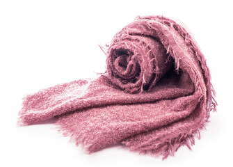 Warm knitted pink scarf isolated on white background.