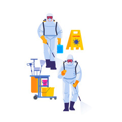 COVID-19 Coronavirus disinfect. Disinfecting workers wear protective masks and spacesuits against pandemic coronavirus or covid-19 sprays. Cartoon style vector illustration isolated background