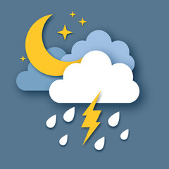 Crescent moon with Raincloud and Lightening Bolt. Paper cut Weather. Storm time. Rain drops in the dark sky, stars and thunder.
