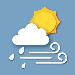 Sky with rainy clouds, sun and rain drops. Wind. Paper cut Weather.