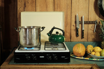 Kitchen stove pot teapot old cabin wooden fruit 