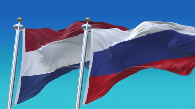 4k Seamless Netherlands Holland and Russia Flags with blue sky background;A fully digital rendering;The animation loops at 20 seconds;NED NL RUS RU.