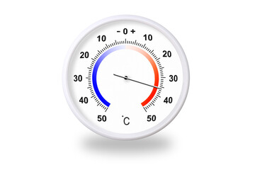 Outdoor thermometer on white background. Ambient temperature plus 36 degrees celsius