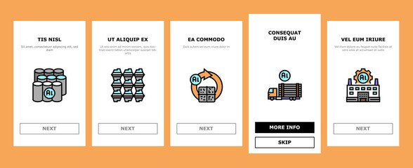 Aluminium Production Onboarding Mobile App Page Screen Vector. Processing Of Aluminium Production And Factory, Pressing And Manufacture, Transportation And Carrying Illustrations