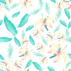 Fototapeta na wymiar Azure Pattern Palm. Indigo Tropical Background. Yellow Seamless Design. Gray Decoration Leaf. Blue Spring Vintage. White Flower Exotic. Wallpaper Art.