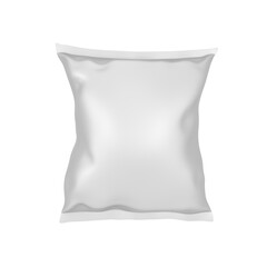 3d blank white plastic bag for packaging design. Mockup template for food snack, chips, cookies, peanuts, candy. Realistic illustration Isolated on white background.