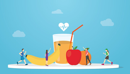 healthy organic diet concept with fruit and juice with modern flat style
