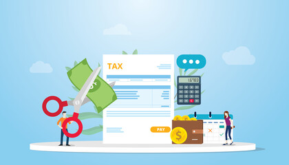 tax deduction or reduction concept with people cutting money on taxes document with scissors with modern flat style - obrazy, fototapety, plakaty
