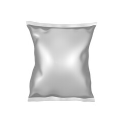3d blank plastic  silver metallic foil bag for packaging design. Mockup template for food snack, chips, cookies, peanuts, candy. Realistic illustration Isolated on white background.