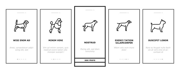 Dog Domestic Animal Onboarding Mobile App Page Screen Vector. Yorkshire And Rottweiler, Beagle And French Bulldog, Golden Retriever And German Shepherd Dog Illustrations