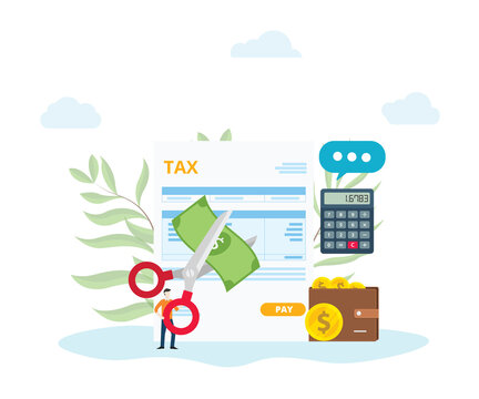 tax reduction or deduction concept with people cutting money on front of tax document