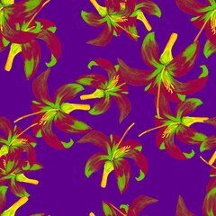Fototapeta na wymiar Violet Seamless Painting. Lavender Pattern Nature. Purple Tropical Illustration. Indigo Flower Palm. Cobalt Floral Exotic. Decoration Art. Watercolor Background.