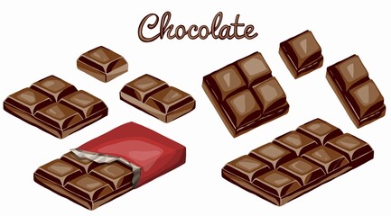 Chocolate bars and pieces set. Sweet brown candy chocolate gourmet delicious. Tasty ingredient sugar chocolate