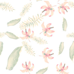 Yellow Tropical Texture. Gray Seamless Vintage. Coral Pattern Hibiscus. Pink Floral Vintage. Flower Art. Decoration Textile. Drawing Illustration. Spring Botanical.