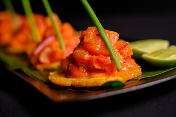 chopped salmon fried plantain gourmet delicious appetizer 