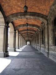 Corridors with columns in historic building,  Historic Center of Mexico City