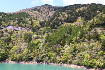 Obraz premium 南アルプスの風景。湖上を走る鉄道。大井川鉄道奥大井湖上駅からの景色。大井川にある接岨湖（せっそこ）にかかる鉄橋、その途中に湖上駅がある。エメラルドグリーンの水に赤い鉄橋が映える。