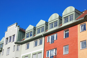 Low angle view of a multi-storey residential apartment building constructed early 1990s.