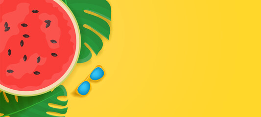 Top view with sunglass, tropical fruits and leaves in yellow background. Tropical Summer Vacation
concept, vector illustration