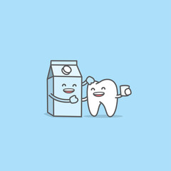 Dental cartoon of a tooth be friendly with a milk container, Meaning is the tooth be healthy and strong by drinking milk, illustration cartoon character vector design. Dental care
