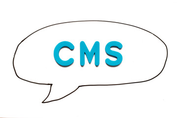 Alphabet letter with word CMS (Abbreviation of Content management system) in black line hand drawing as bubble speech on white board background
