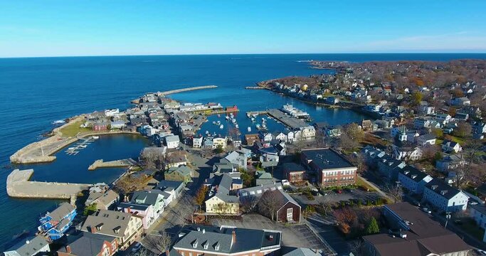 Rockport Harbor and Motif Number 1 aerial view in Rockport, Massachusetts MA, USA. This building is a fishing shack built in 1840, and now is the the most famous symbol of New England maritime life.
