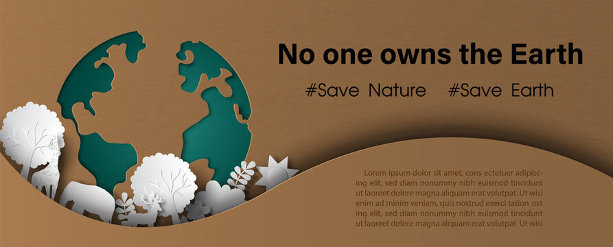 Environment of nature on green global with the Earth day slogan in poster's campaign of Earth day by paper cut style and banner vector design on brown (recycle paper pattern) background.