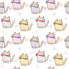 Seamless Pattern with Cartoon Cat Illustration Design on White Background