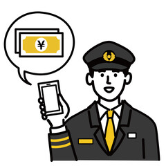 男性　若い　車掌　ベクター　ポップ　現金　キャッシュ　スマホ　スマートフォン
