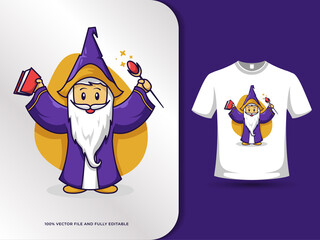 Cartoon Cute witch with book and magic wand illustration with t shirt design template. vector illustration