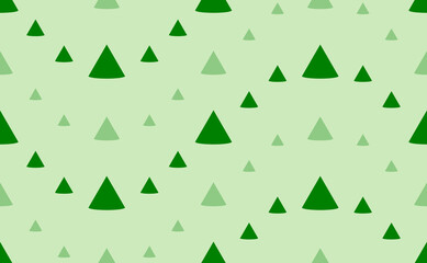 Seamless pattern of large and small green cone symbols. The elements are arranged in a wavy. Vector illustration on light green background