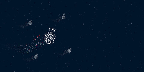 Fototapeta na wymiar A apple symbol filled with dots flies through the stars leaving a trail behind. Four small symbols around. Empty space for text on the right. Vector illustration on dark blue background with stars