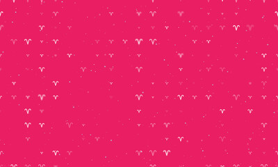 Seamless background pattern of evenly spaced white zodiac aries symbols of different sizes and opacity. Vector illustration on pink background with stars