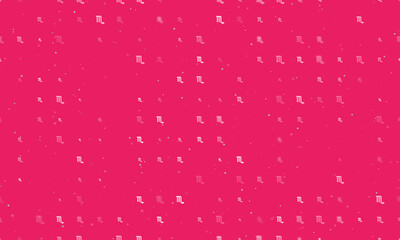 Seamless background pattern of evenly spaced white zodiac scorpio symbols of different sizes and opacity. Vector illustration on pink background with stars