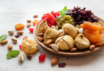 Bowl with various dried fruits and nuts