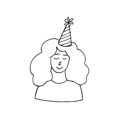 young woman in a party hat. make a wish on your birthday. vector hand drawn icon. template for card. monochrome. minimalism.