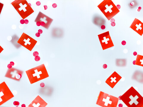Switzerland, August 1, day foundation confederation. National holiday. concept of memory, patriotism and freedom. Flags on a foggy background.