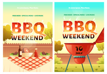 BBQ weekend cartoon posters or invitation for outdoor backyard party with cooking grill and food on table. Barbecue picnic on summer lawn in park or garden with free beer and live music, Vector flyers