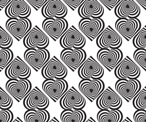 Dynamic circular seamless pattern with hearts. Psychedelic Abstract background. Optical Illusion of movement. Use for cards, wallpapers, pattern fills, web pages elements and etc.