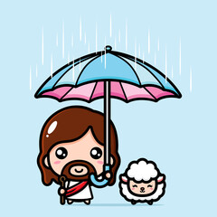 cute cartoon jesus vector design umbrella animal sheep in the rain