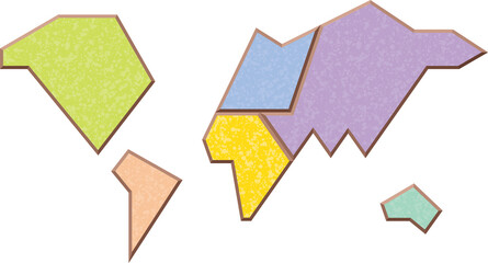 大陸で色分けしたシンプルな世界地図