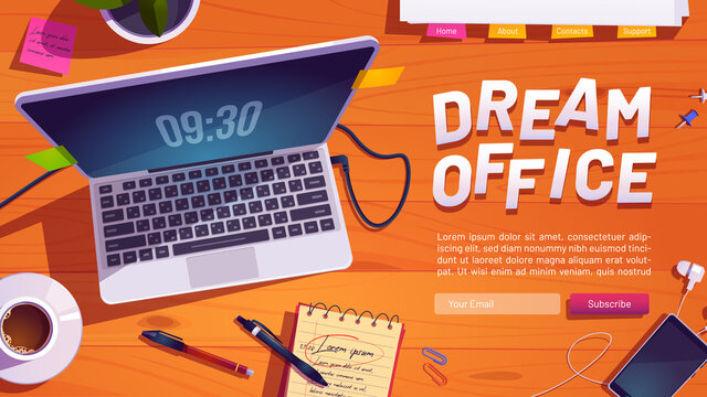 Dream office website with top view of workspace with laptop, stationery and plant on wooden table. Vector landing page with cartoon workplace with computer, mobile phone, note book and pens on desk