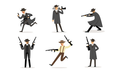Fototapeta na wymiar Gangsters Criminal Mobsters Set, American Mafia Criminal Characters in Raincoat Fedora Hat with Gun Cartoon Vector Illustration