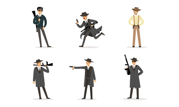 Gangsters Set, American Mafia Criminal Characters in Raincoat Fedora Hat with Gun Cartoon Vector Illustration