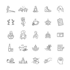 Mental health, wellness, psychological hygiene thin line style vector icon set