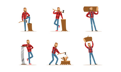 Cheerful Bearded Lumberjack in Action Set, Woodcutter Cartoon Character Wearing Plaid Shirt with Working Tools Cartoon Vector Illustration