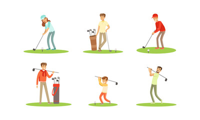 Fototapeta na wymiar People Playing Golf Set, Men and Women Golfer Players Training with Golf Clubs, Sports Activity, Hobby Cartoon Vector Illustration